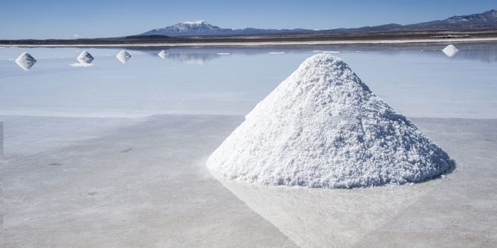 Piles of salt on a lithium-rich salt flat in Bolivia.