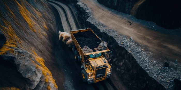 aerial panorama of a coal mine. Big yellow mining truck for a coal quarry in an open pit mine. Anthracite mining is open coal mining. Pit on open air coal mining. putting rocks into trucks. Generative AI