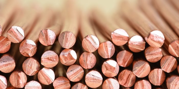 Electrical power cable close-up with selective focusCopper wire raw materials and metals industry and stock market concept