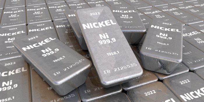 The highest standard nickel bullions. Lots of ingots of 999.9 Fine Nickel lie in a row. Background. 3D illustration