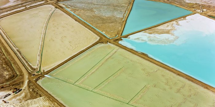 Aerial view of turquoise coloured pools at Silver Peak Lithium Mine, Nevada, California, USA.