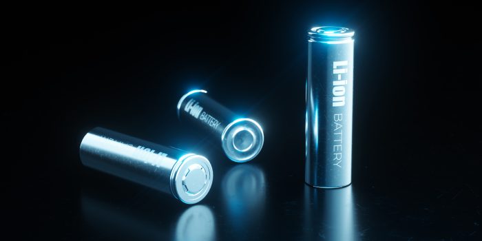 Close up concept of modern metal lithium ion battery cell used in electrical vehicle battery pack in blue light on black metal background. 3d rendering.