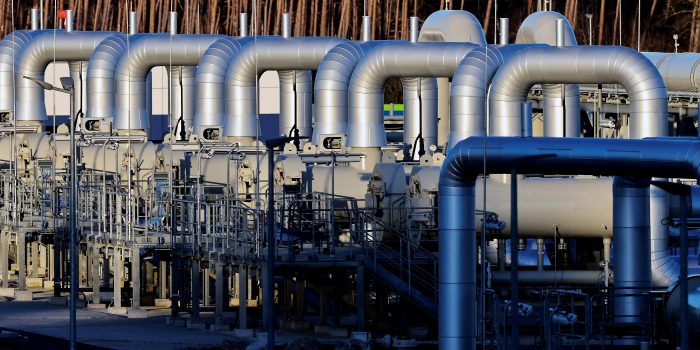 FILE PHOTO: Pipes at the landfall facilities of the 'Nord Stream 2' gas pipeline are pictured in Lubmin, Germany, March 7, 2022. REUTERS/Hannibal Hanschke