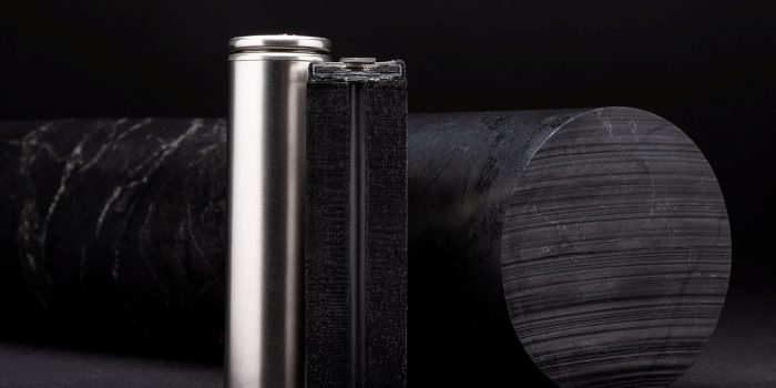 An electric vehicle battery cell, a graphite anode (the negative electrode of the battery) and a graphite drill core are seen at the research and development centre of graphite anode company Talga Group in Cambridge, Britain, in this undated handout image taken in October 2020 and obtained by Reuters on June 15, 2022. Steve Wise/27Creative/Handout via REUTERS